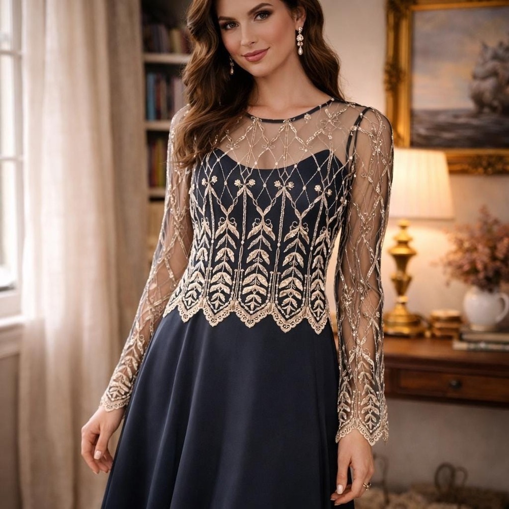 Black and gold lace sheer long sleeve dress formal or wedding maxi made in USA